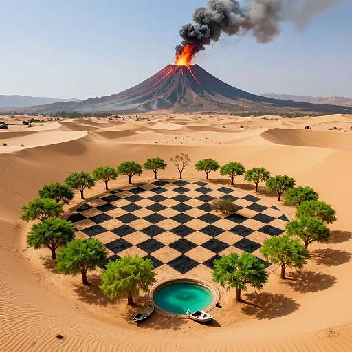Digital artwork: Desert oasis with checkered black-and-brown patterned ground, green trees, blue pool, boat, and erupting volcano with black
