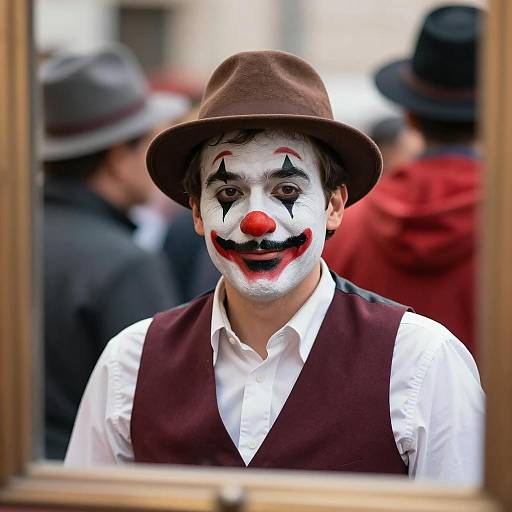 Man with Painted Clown Face in Brown Hat
