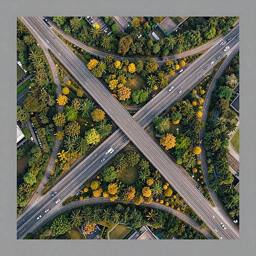 Aerial View of Complex Highway Interchange with Trees
