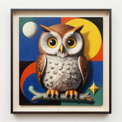 Colorful digital painting of a large-eyed, textured brown and white owl perched on a branch, with a blue, yellow, and red abstract background