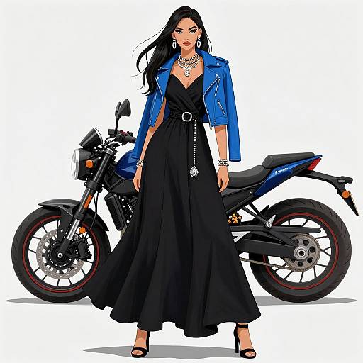 Digital illustration of a confident woman with long black hair, wearing a blue jacket, black gown, and jewelry, standing beside a black motorcycle.