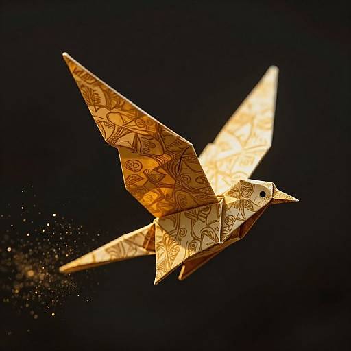 Photograph of an intricately patterned, golden origami bird in mid-flight against a dark background, with subtle sparkles trailing behind.