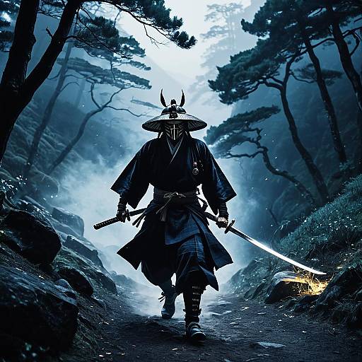 Ethereal Samurai Duel in Twilight Mist