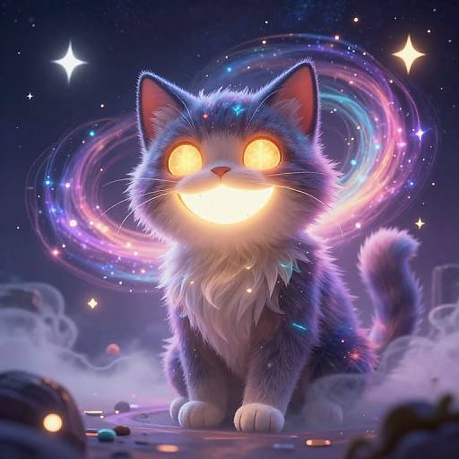 Digital artwork of a glowing, neon-blue cat with bright yellow eyes and a radiant smile, surrounded by swirling, colorful lights and stars in a cosmic night
