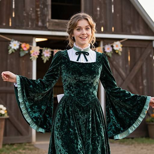 Photograph of a smiling young woman in a vintage green velvet dress with flared sleeves, standing in front of a rustic wooden barn adorned with floral gar