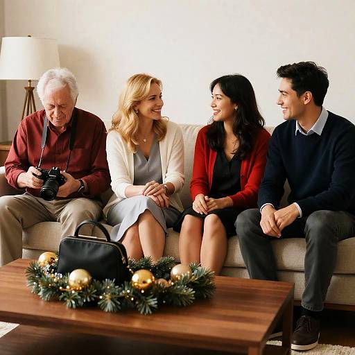 Four People Sitting on Sofa in Living Room
