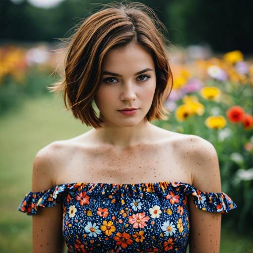 Young Woman in Floral Off-Shoulder Dress Outdoors