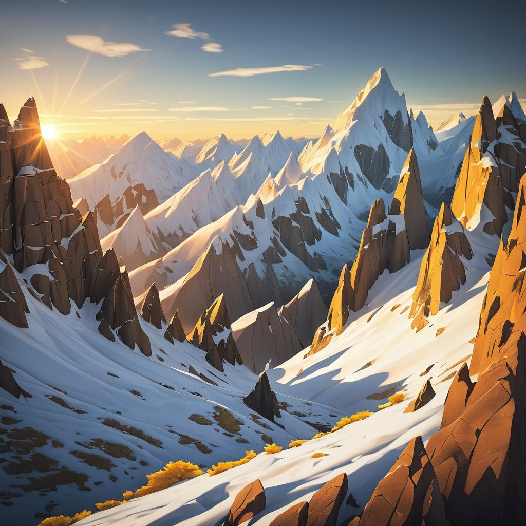 Surreal Snow-Capped Peaks at Golden Hour