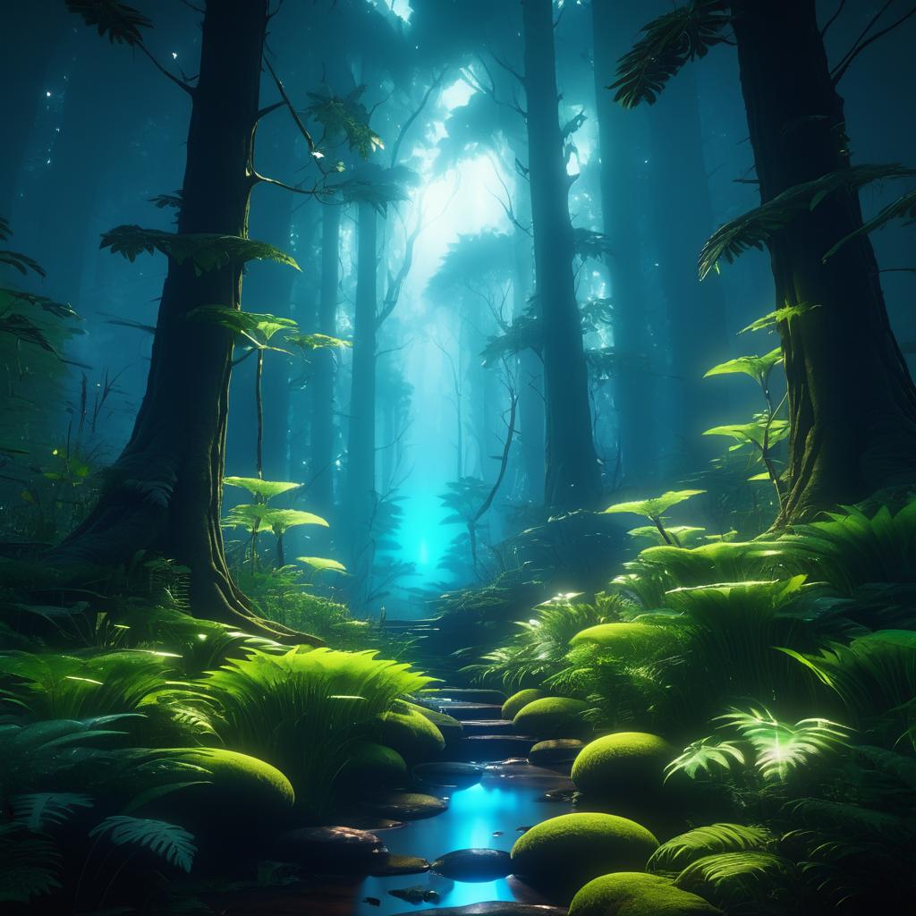 Mystical Forest with Glowing Flora Rendering