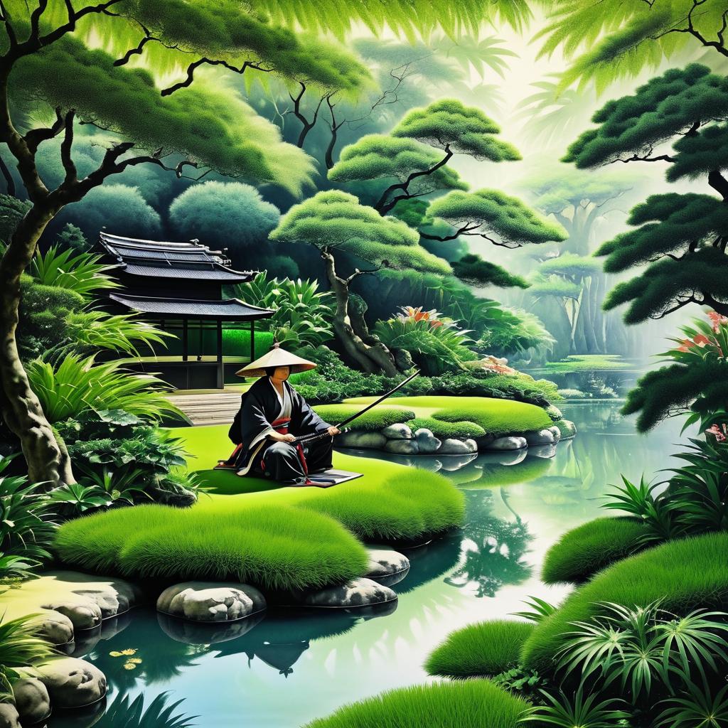 Epic Samurai Portrait in Lush Oasis