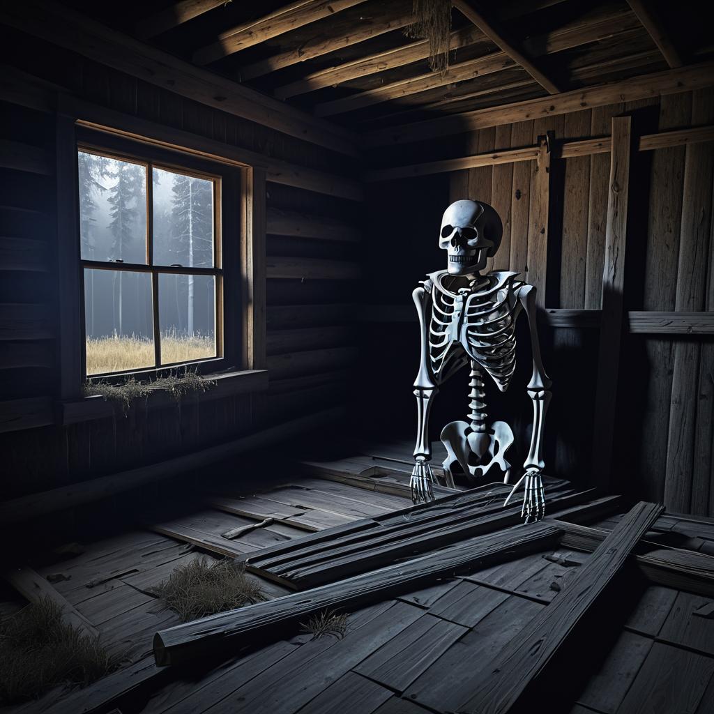 Eerie Skeleton in Abandoned Cabin