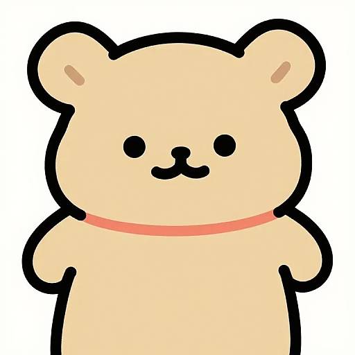 Cute, digital cartoon of a beige teddy bear with black outline, small black eyes, and a simple black nose, wearing a pink collar,