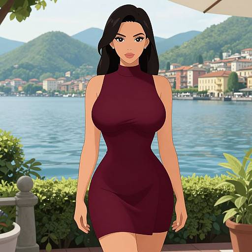 Digital anime-style drawing of a curvy woman with long black hair in a tight, sleeveless maroon dress, standing by a lakeside town with