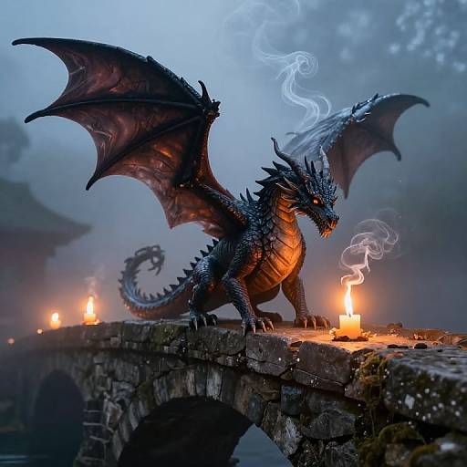Photorealistic digital artwork of a black, blue-scaled dragon with glowing orange belly and wings, breathing smoke on a stone bridge with torches in