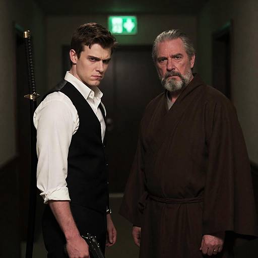 Dramatic Encounter in Dimly Lit Hallway