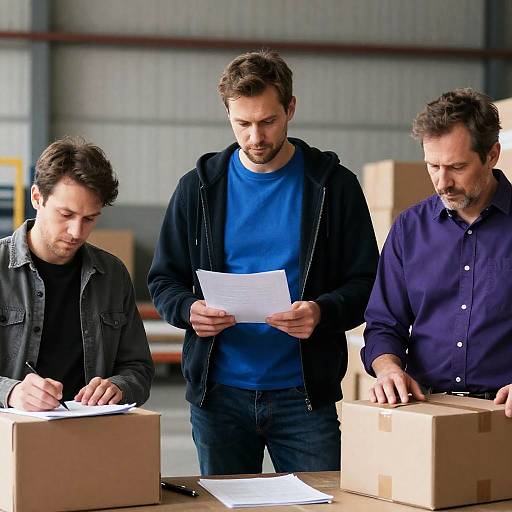Three Men in an Industrial Warehouse Setting