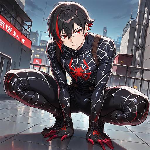 Digital anime artwork of a black-haired, red-eyed young man in a spider-web patterned black suit, crouching in a neon-lit urban