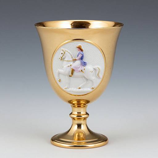 Photograph of a gold chalice with an oval engraving of a knight on horseback, wearing blue and red armor, set against a gradient blue