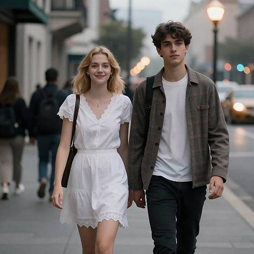 Couple Strolling Under City Streetlights