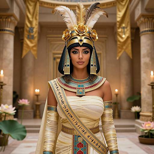 Digital artwork of a regal Egyptian woman in ornate gold headdress, white dress, and elaborate jewelry, standing in a grand temple.