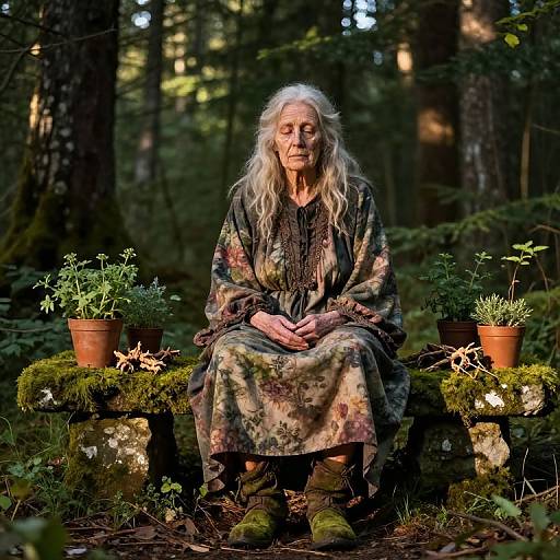 Photograph of an elderly woman with long white hair, wearing a floral dress, sitting on a moss-covered stone bench in a forest, surrounded by p
