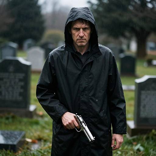 Haunting Figure in Rainy Cemetery