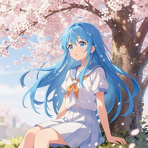 Anime-style digital illustration of a blue-haired girl with large eyes, wearing a white sailor school uniform, sitting under cherry blossoms. Bright sunlight and falling
