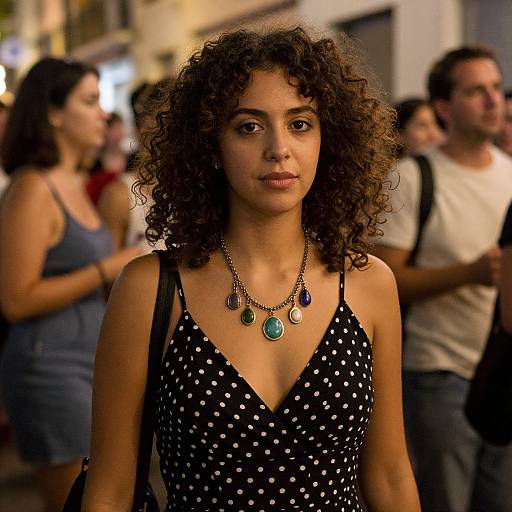 Photograph of a curly-haired woman with medium skin tone, wearing a black polka dot dress and blue-green necklace, standing in a blurred, crowded