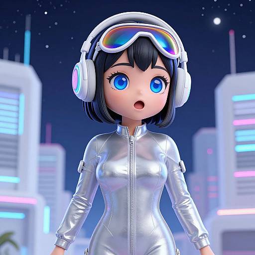 Digital anime-style girl with large blue eyes, short black hair, wearing a silver zip-up outfit, white headphones, and futuristic goggles, stands in a