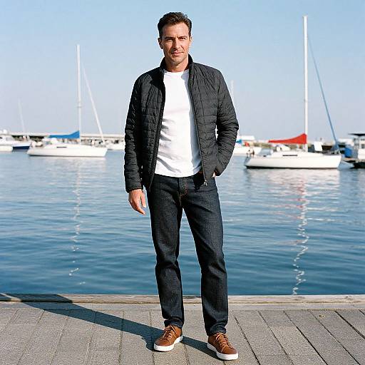 Photograph of a handsome, bearded man in a black jacket, white t-shirt, dark jeans, and brown shoes, standing on a waterfront pier