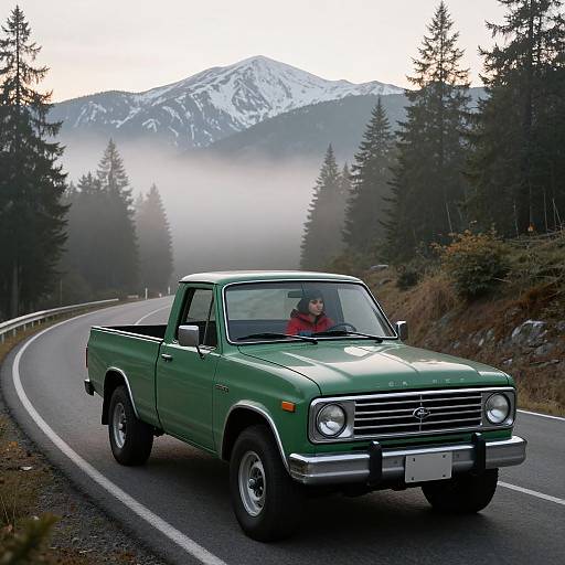 Photograph of a green vintage pickup truck driving on a winding mountain road, with a misty forest and snow-capped mountains in the background. Driver