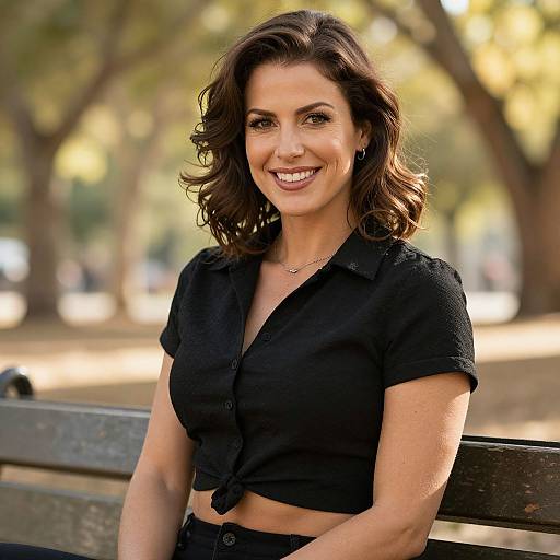 Photograph of a smiling woman with wavy brown hair, wearing a black short-sleeve, button-up crop top, sitting on a park bench