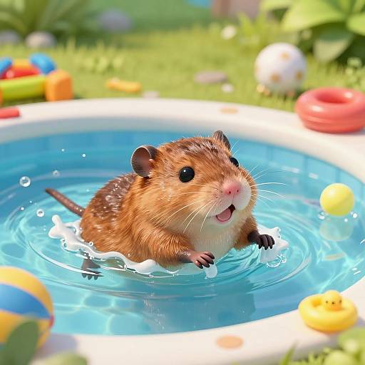 Photorealistic image of a cute, brown hamster splashing in a blue plastic pool, surrounded by colorful toys and a green garden.