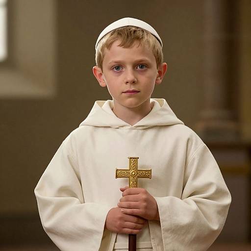Photograph of a young Caucasian boy with blue eyes, wearing a white Catholic altar server robe and cap, holding a gold cross, standing in a dim