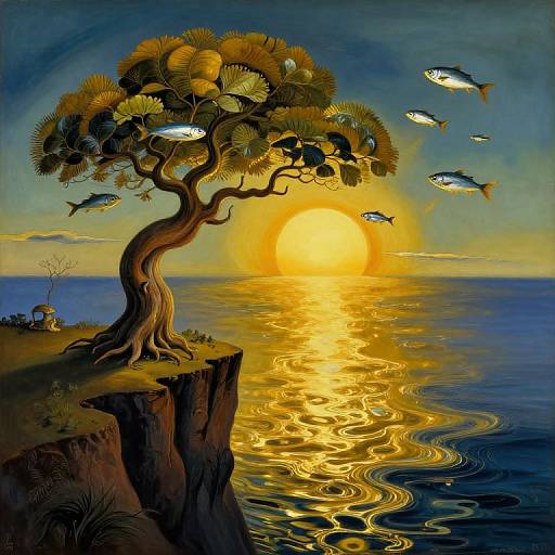 Vibrant digital painting of a twisted tree on a cliff at sunset, with fish flying in the sky and golden sunlight reflecting on the ocean.