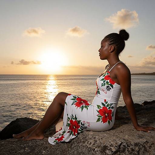 Photograph of a dark-skinned woman with braided hair, wearing a white floral dress, sitting on a rocky shore at sunset, gazing at