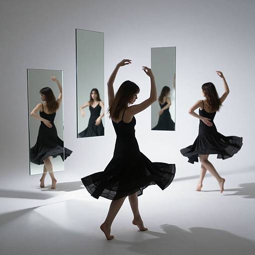 Photograph of a barefoot woman in a black, flowing dress dancing in front of three tall, vertical mirrors, reflecting her movements in a minimalist,