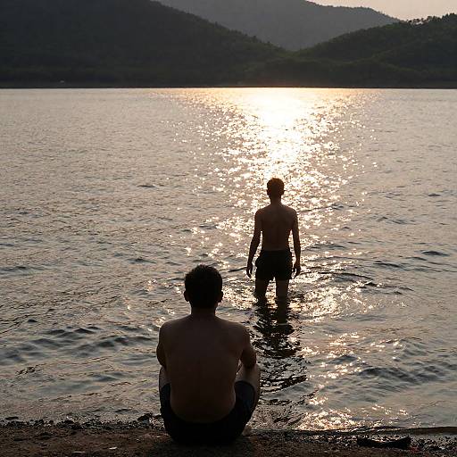 Men by Lake at Sunset