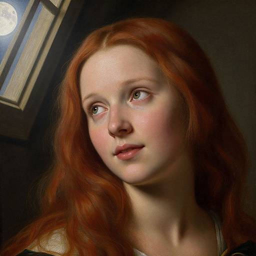 Digital portrait of a fair-skinned, red-haired woman with soft, wavy hair, gazing up at a moonlit window. Her expression is