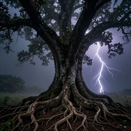 Ancient Tree Amidst Lightning Storm