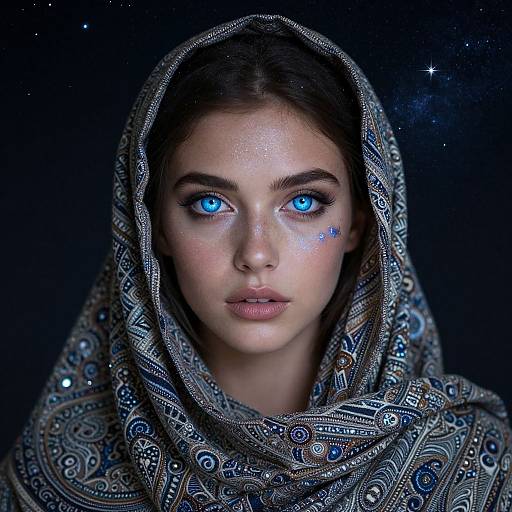 Photorealistic portrait of a fair-skinned woman with glowing blue eyes, wearing a patterned silver headscarf, against a starry black background