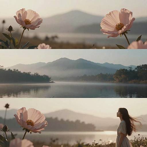 Photograph of a serene lakeside landscape with pink flowers, a silhouette of a woman in a white dress, and misty mountains in the background.