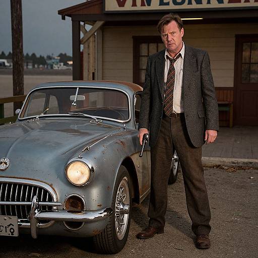 Photograph: Middle-aged man in disheveled suit, dark tie, standing beside a weathered, silver classic car, in front of a vintage
