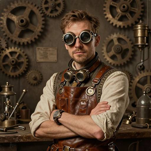 Steampunk Inventor in Sepia Workshop