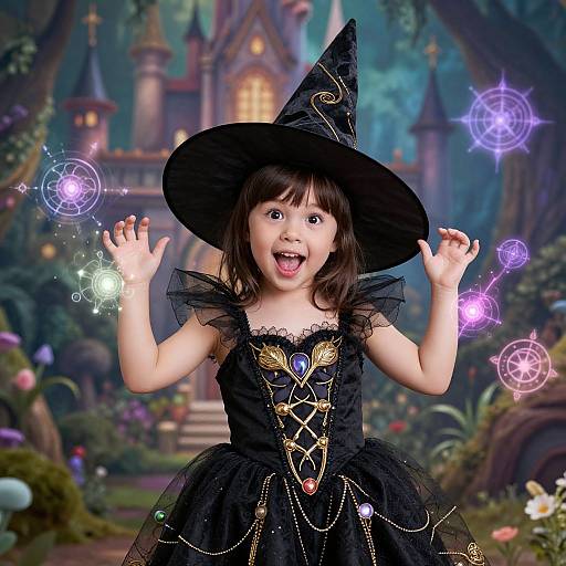 Photograph of a young Asian girl in a black witch costume with a pointed hat, magic circles glowing around her, in a whimsical, enchanted forest