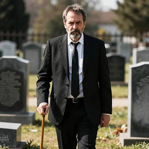 Middle-aged Man in Suit with Cane in Graveyard