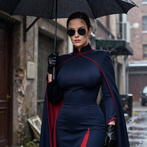Photograph of a confident woman in a black, form-fitting dress with red accents, black gloves, and sunglasses, holding a black umbrella in a