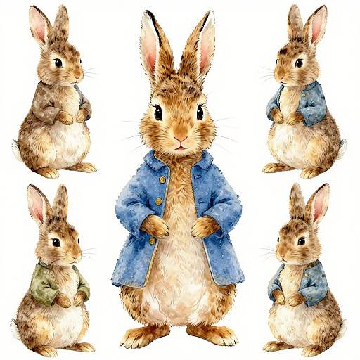 Watercolor illustration of six brown rabbits with white bellies, one wearing a blue jacket in the center, surrounded by five others.