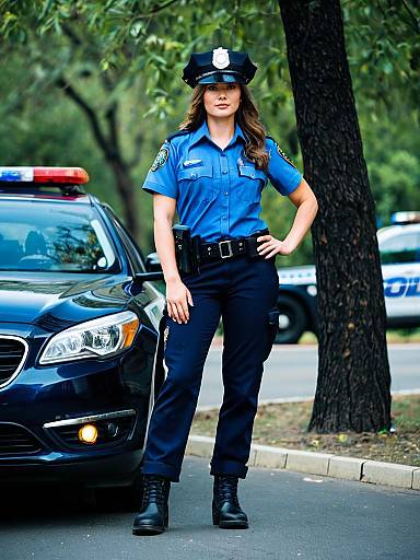 Photograph of a confident female police officer in blue uniform and black pants, standing beside a black police car, with trees and another police car in the