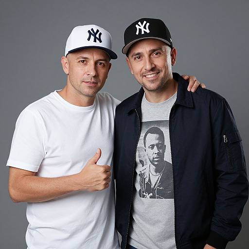 Photograph of two men, one in a white Yankees cap and t-shirt, giving a thumbs-up, the other in a black Yankees cap and black